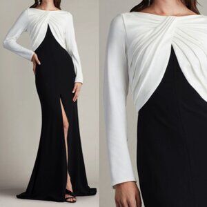 NWT Tadashi Shoji Nelson Colorblock Long Sleeve Crepe Gown Dress Ivory black